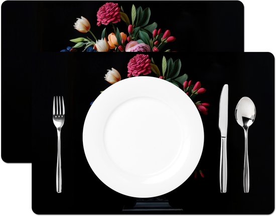 Napperons - 6 pièces - 45x30 cm - Set de table en plastique - Bouquet - Romantique - Coloré - Dessous de Assiettes - Décoration de table - Accessoires de décoration de table de Cuisine - Dessous de verre en Vinyl - Décoration de table