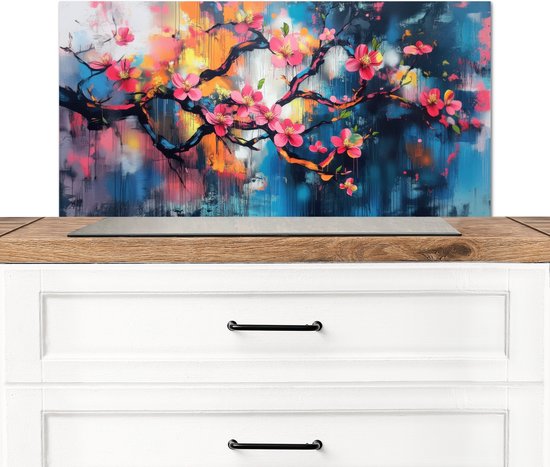 Spatscherm keuken 90x45 cm - Kookplaat achterwand Bloemen - Tak - Artistiek - Roze - Muurbeschermer - Spatwand fornuis - Hoogwaardig aluminium