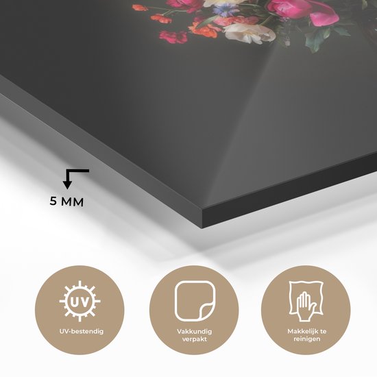 MuchoWow® Peinture sur verre 120x90 cm - Peinture acrylique sur verre - Colorée - Bouquet - Vase - Brun foncé - Photo sur verre - Décoration murale salon - Décoration murale chambre - Peintures