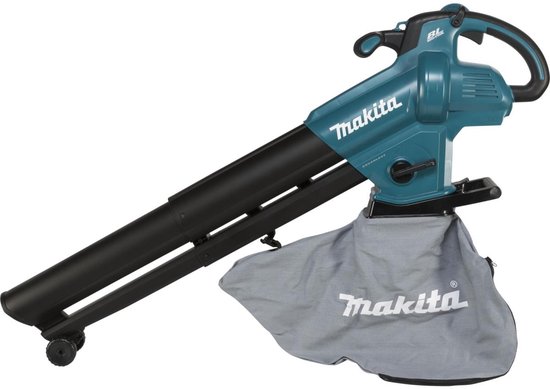 Turquoise Makita bladblazer met zwarte slang en grijze opvangzak.
