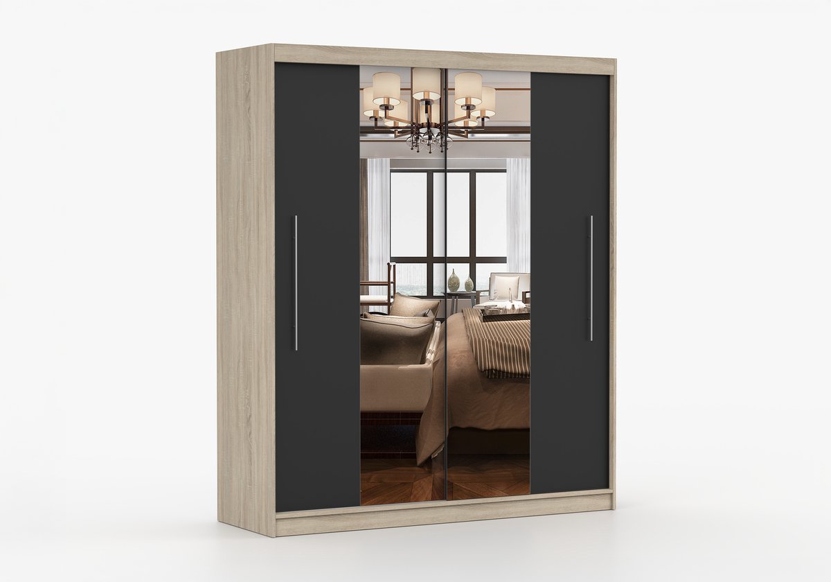 AJE Meubles B.V. Kledingkast NICO I 203 cm - 2-deurs schuifdeurkast met spiegel en kledingstang - Garderobekast met ruime opbergruimte - Moderne kast voor slaapkamer en hal (Sonoma + Zwart)