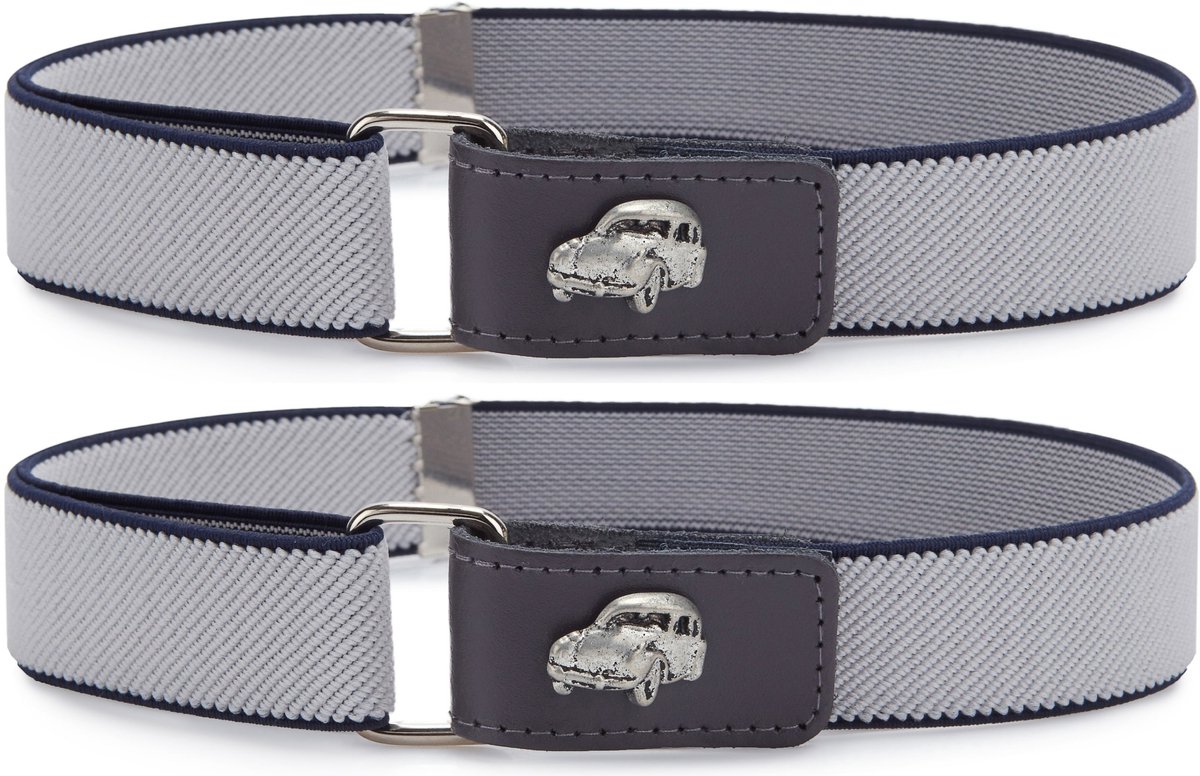 Ladeheid 2x Kinderriem - Riem - Jongens - Broekriem - Verstelbaar - Polyester - LA-TG-P15S - Grauw/Zwart/Auto - 62 cm x 2,5 cm