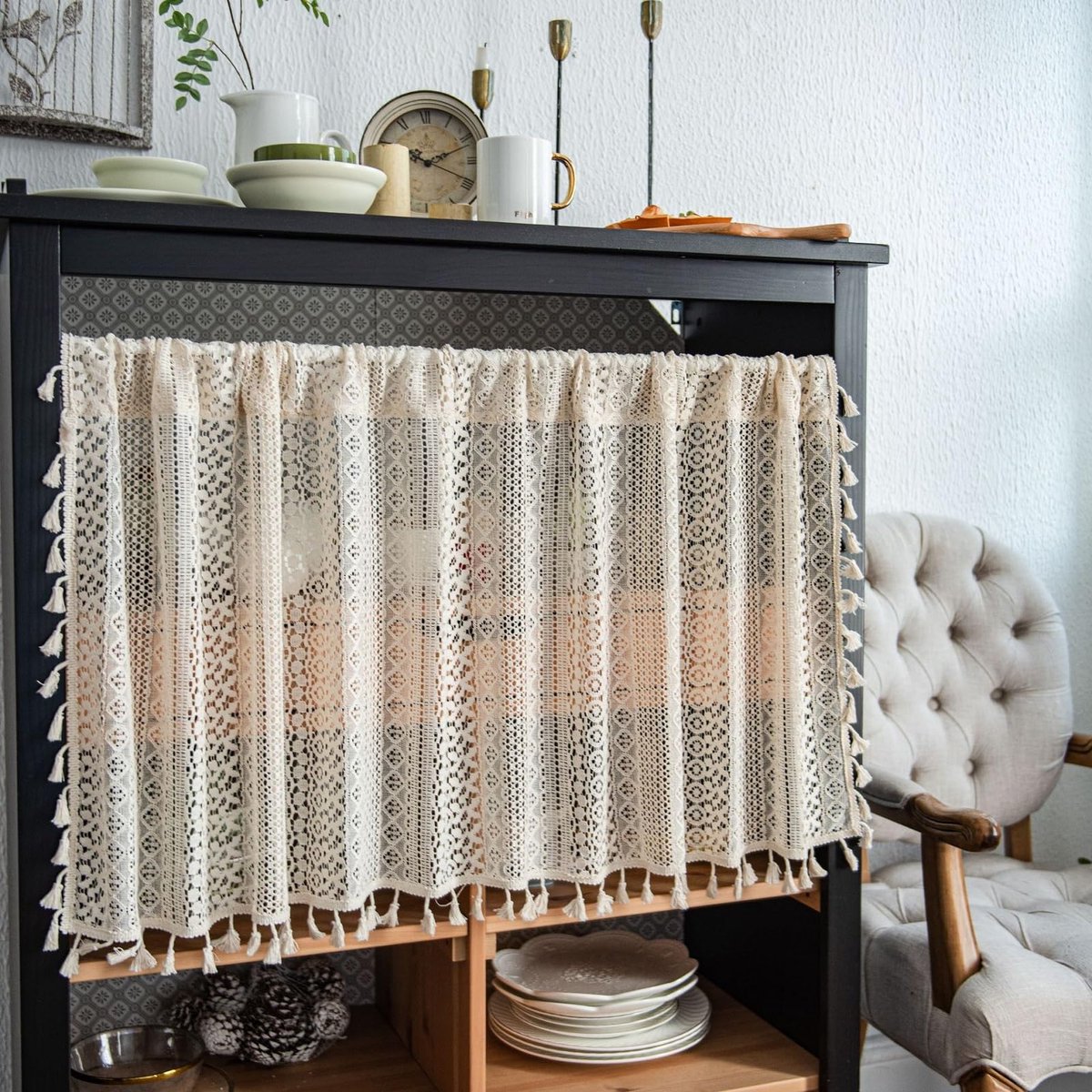 Ibenzoa Kort Gordijn met Vintage Boho Stijl en Kwastdetails voor Huisdecoratie kleurb