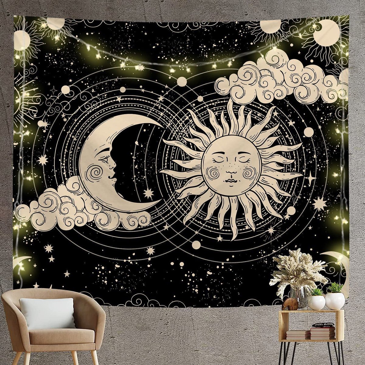 Ibenzoa Betoverend Wandtapijt met Zon en Maan in Zwart en Goud voor Mystieke Muurdecoratie