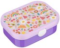 Boîte à tartines violette avec un imprimé joyeux de croissants, donuts, arc-en-ciel, glaces et fruits.