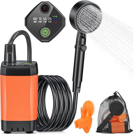 Campingdouche, draagbaar, 8000 mAh accu, campingdouche met pomp en douche-emmer, outdoor doucheset met filter, douchekop en 10 versnellingen, voor kamperen, reizen, tuin, wandelen, autowassen