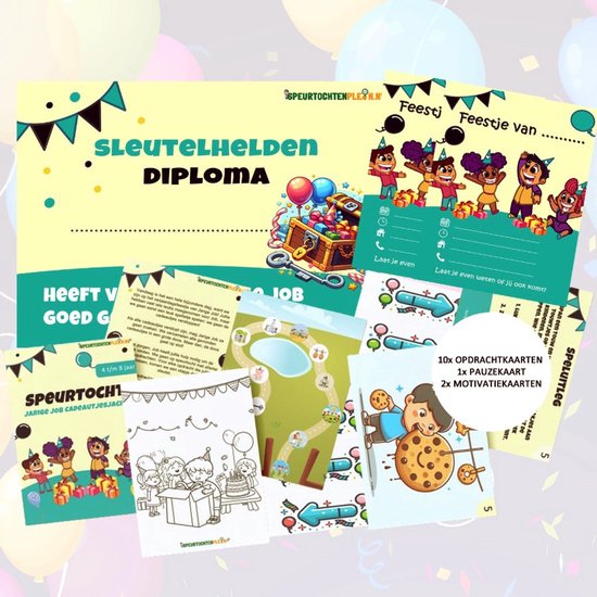 Een verzameling kinderfeestje spelmaterialen, waaronder een diploma, speelkaarten en een kleurplaat.