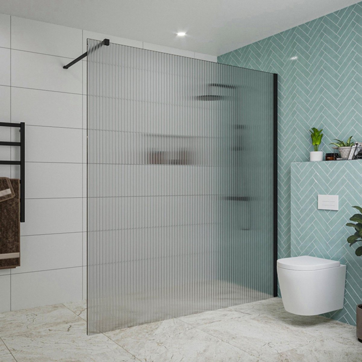 FugaFlow Eccelente Vetro inloopdouche badkamer - 180x200cm - ribbelglas - wandarm - mat zwart