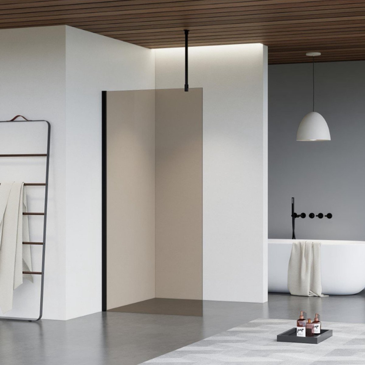 FugaFlow Eccelente Vetro inloopdouche badkamer - 70x200cm - rookglas - plafondarm - mat zwart
