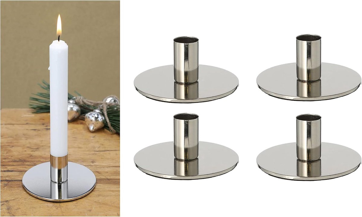 Novaliv Set van 4 kaarsenhouders zilver kerstdecoratie kaarsenhouder 10x5cm metaal Adventskrans kerst scandinavisch chique tafelkaarsen kaarsenhouder kaarsenstoker kaarsenbord decoratieve schaal
