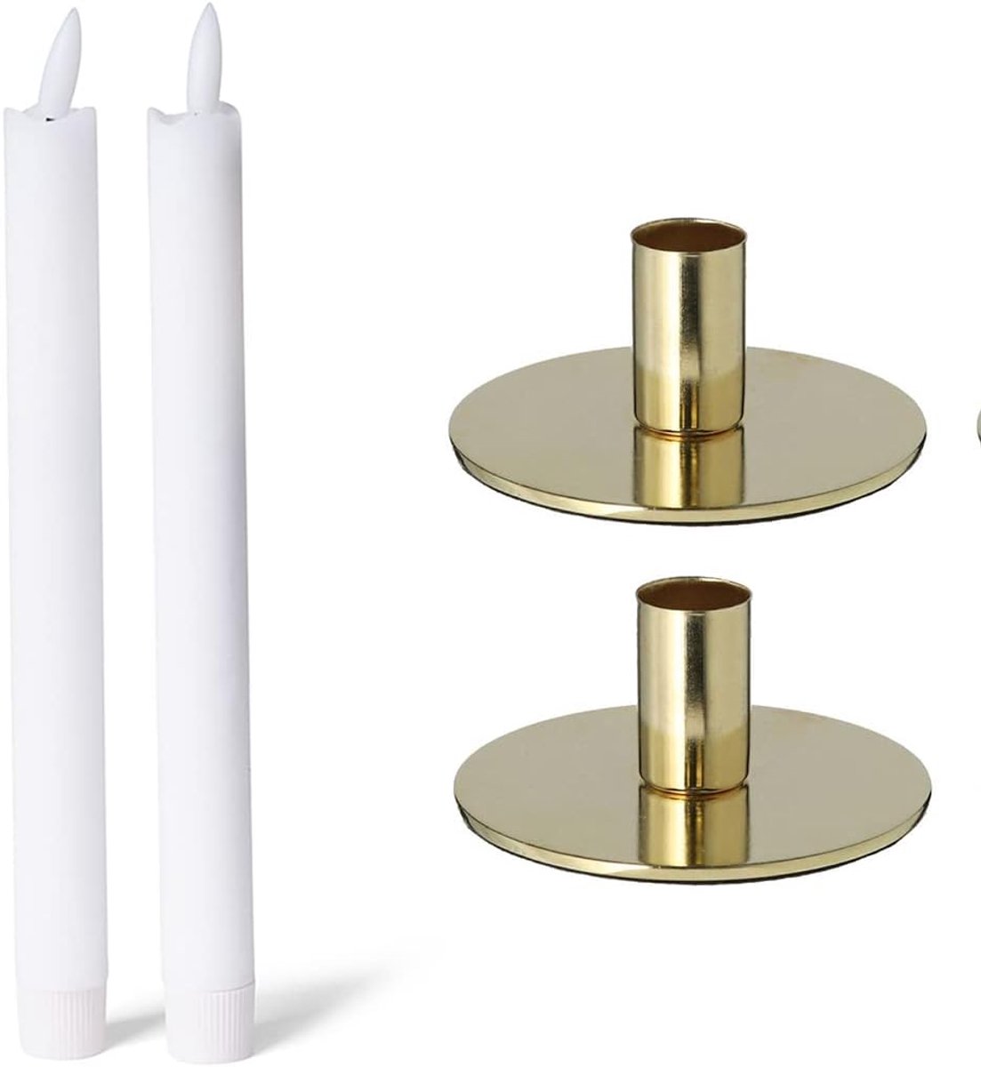 Novaliv Set van 2 kaarsenhouders metaal rond goud 10x5cm met LED premium echte wax kaarsen tafelkaars flikkerend effect kersttafeldecoratie kandelaar kaarspen scandinavisch chic vintage kaarsenhouder