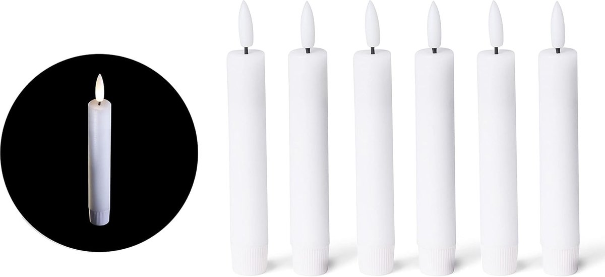 Witte LED-kaars met timerfunctie, set van 6 - LED-kaars met bewegende vlamtimer - 12,5 cm hoog voor 2,2 cm diameter / 2 AAA-batterijen vereist - LED-kaarsen van echte was
