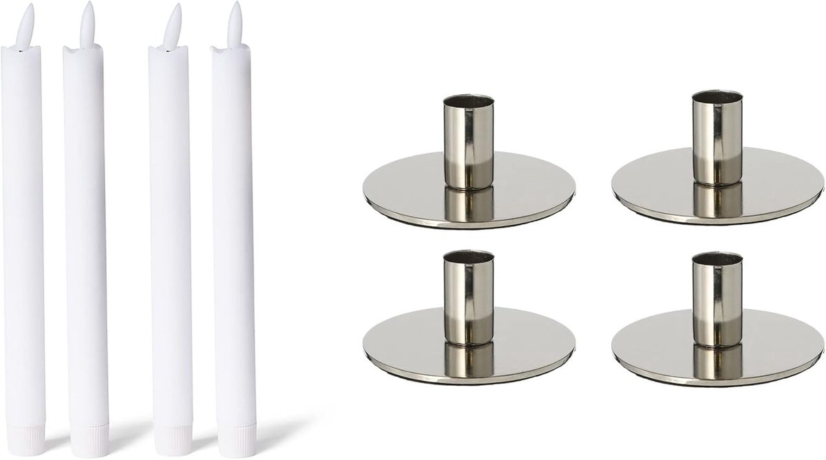 Novaliv set van 4 kaarsenhouders zilver 10x5cm kerstdecoratie met echte waskaars LED kaars elektrisch flikkerend effect kaarsenhouder metaal Adventskrans Kerst scandinavische chique tafelkaarsen wit