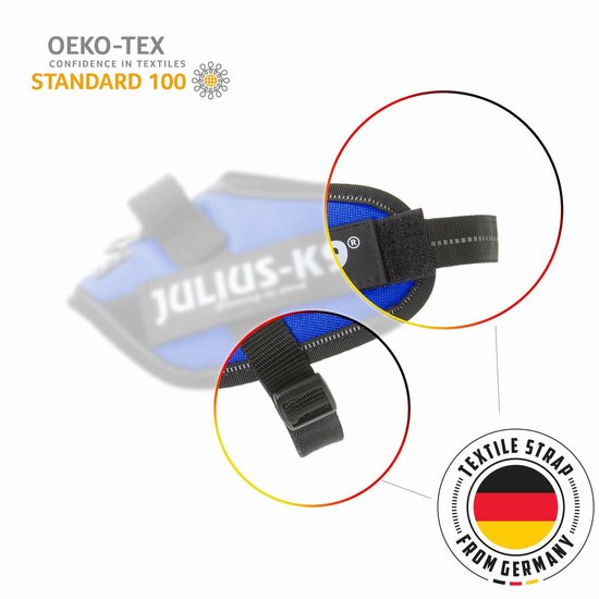 Blauw harnas met OEKO-TEX-certificering, detail van textielband van Duitse makelij.