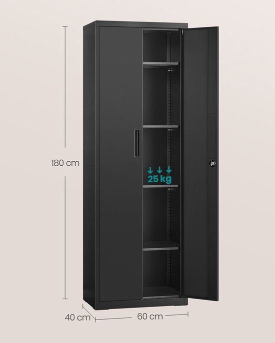 Zwarte metalen archiefkast van 60 cm breed, 40 cm diep en 180 cm hoog, met één openstaande deur.