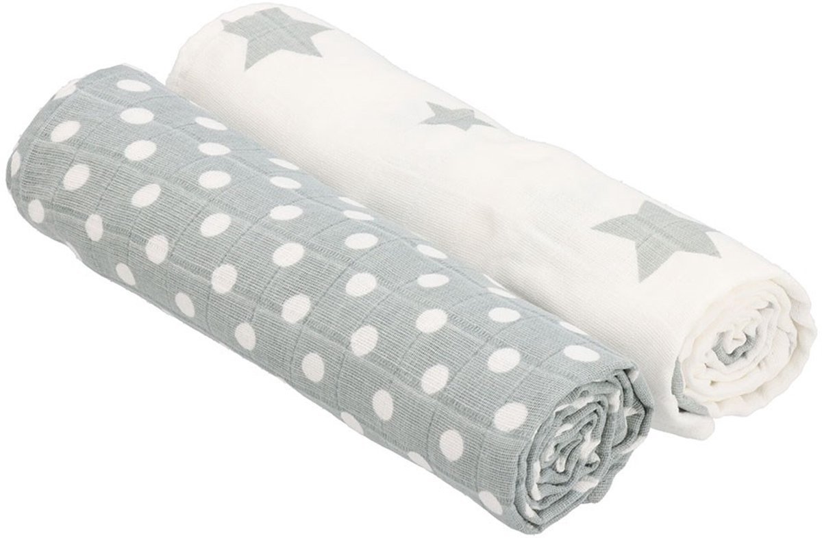 New Baby - Badcape - Katoenen handdoek 90 x 110 cm grijs met stippen en sterren - Babydoek - Slabbetje - Spuugmatje - Knuffeldoek - Kinderdoek - Baddoek