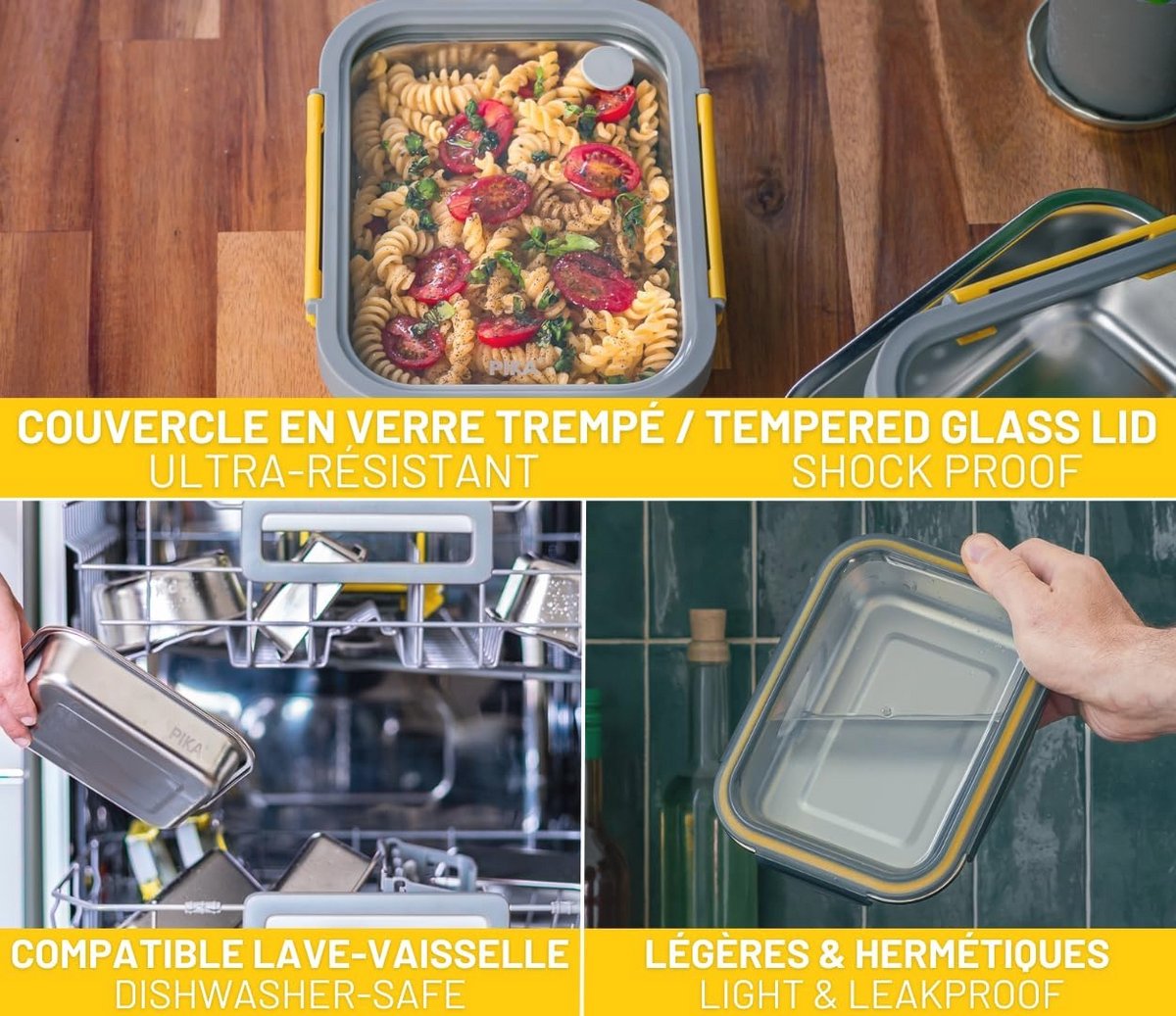 Luchtdichte voedselcontainer van roestvrij staal 800 ml met gehard glazen deksel - Geschikt voor magnetron, oven en vriezer