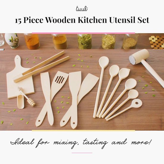 SOHFA Set Van 5 Kooklepels Van Beukenhout: Keukenhulpset Voor Het Koken Duurzaam Made In Europe 25 32 Cm Houten Kooklepel Incl Kooklepel Met Kant En Extra Diep