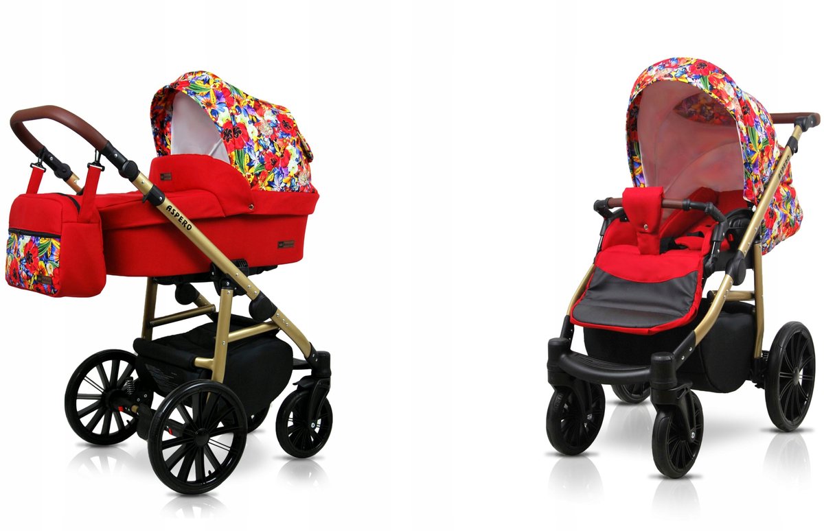 BabyLux® Kinderwagen 2in1 – ASPERO - RED TULIPS - Opklapbare Wandelwagen incl. Reiswieg, Multifunctionele Buggy Sportstoel - Combi-kinderwagen met Luiertas, Regenhoes, Klamboe, Bekerhouder, etc.