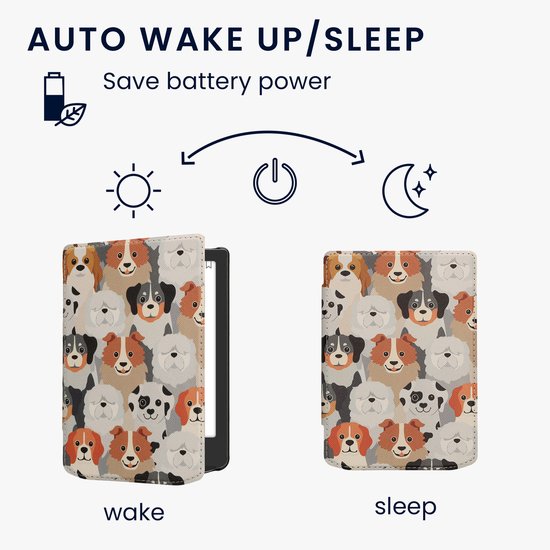 kwmobile e-reader hoesje geschikt voor Pocketbook Verse / Verse Lite / Verse Pro / Color / Vivlio Light/Light HD hoes - E reader flip case met magnetische sluiting - Ereader cover - Honden Ontwerp design in wit / lichtbruin / grijs van kwmobile — afbeelding 4