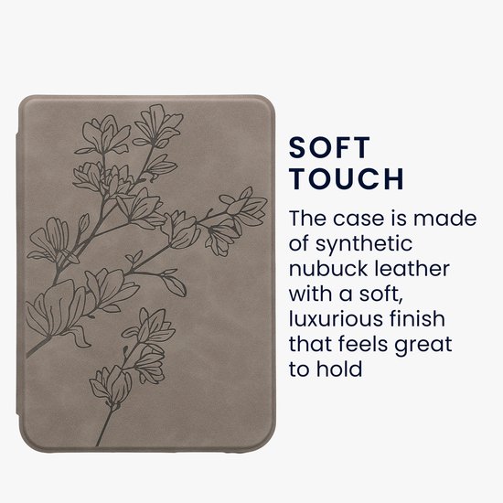 kwmobile e-reader hoesje geschikt voor Kobo Clara BW / Colour hoes - Ereader flip case met standaard - Kunstleren e reader cover - Magnolia design in grijs van kwmobile — afbeelding 3