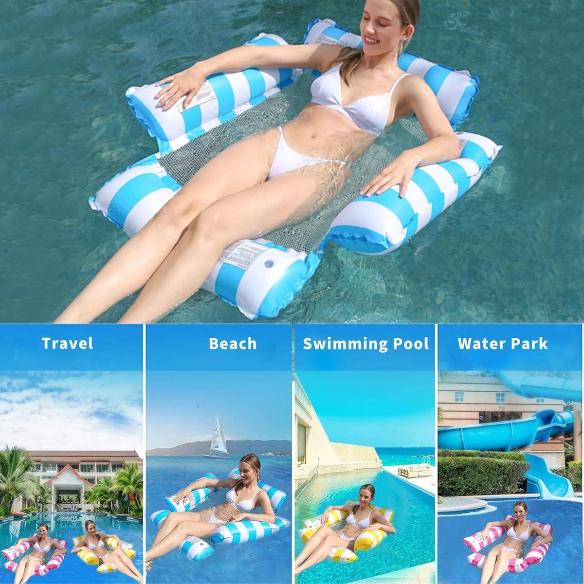 Waterhangmat Streeppatroon Blauw - Blue - Lounge Chair - Float - Zwembad - Hangstoel - Opblaasbare Zwembad Stoel - Water Hangmat - Luchtbed Zwembad - Luchtmatras - Floater - Strand - Waterspeelgoed - Vakantie - Zomer - Hammock Pool Float – foto 4