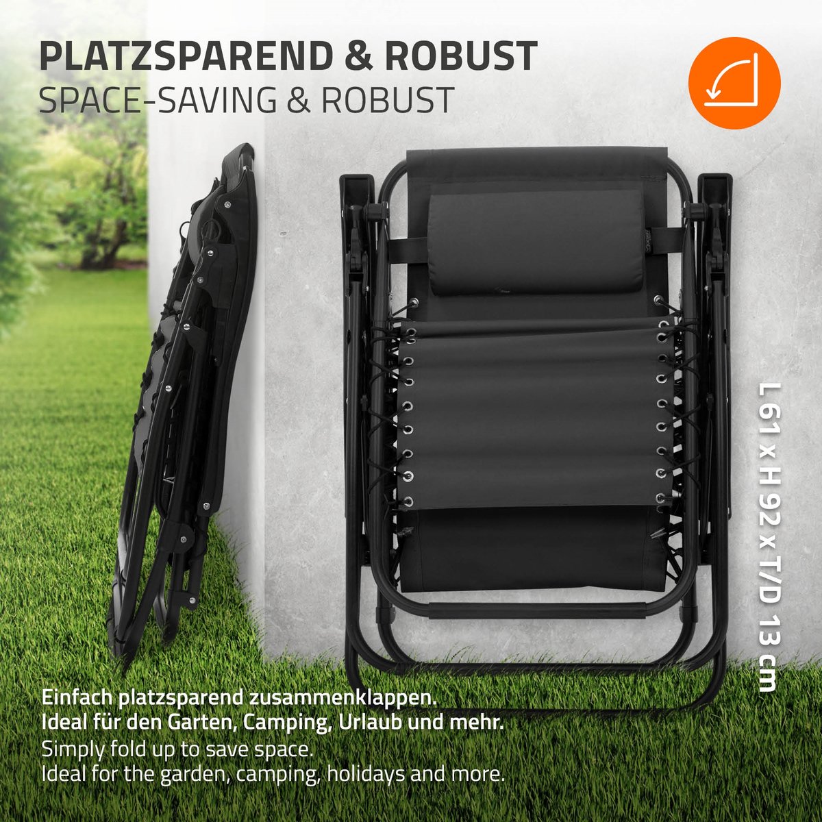Set van 2 inklapbare relaxstoelen grijs met verstelbare hoofdsteun & rugleuning incl. bekerhouder ML-Design