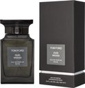 Tom Ford Oud Wood Eau de Parfum 100 ml fles en een donkergrijs gestructureerde doos.
