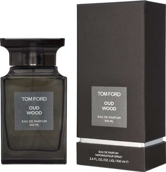 Tom Ford Oud Wood Eau de Parfum 100 ml fles en een donkergrijs gestructureerde doos.