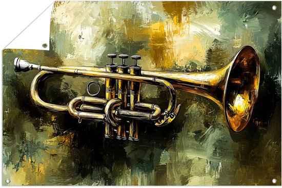 Abstracte gouden trompet - Trompet posters - Tuinwanddecoratie instrument - Abstracte kunst - Buitenmuur kunst - Wandposter voor tuin - tuinposter 60x40 cm