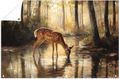 Hert bij bosvijver in ochtendlicht - Hert buitenposter - Poster van buiten dieren - Realistische kunst - Wanddecoratie tuin - Waterafstotende wanddecoratie - tuinposter 120x80 cm