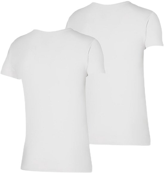 Achterkant van twee witte bamboe V-hals T-shirts, op elkaar gepresenteerd.