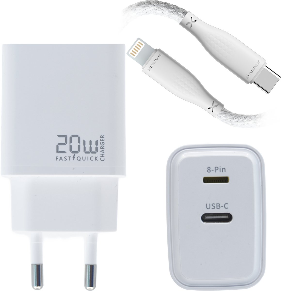 Unieke 20W Snellader met Lightning & USB-C Poort - Omkeerbaar Ontwerp - Geschikt voor iPhone & Samsung - USB C Oplader met 2 Poorten & USB-C Naar Lightning Kabel