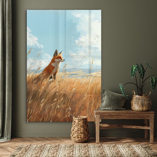 MuchoWow® Glasschilderij 120x180 cm - Schilderij acrylglas - Vos - Gras - Wolken - Oranje - Foto op glas - Muurdecoratie woonkamer - Wanddecoratie slaapkamer - Schilderijen