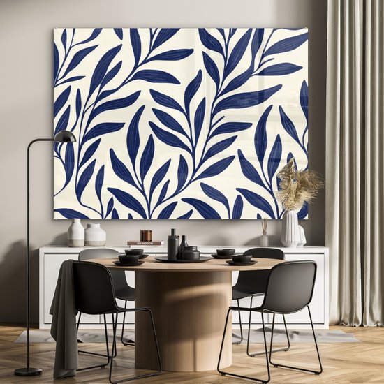 MuchoWow® Glasschilderij 160x120 cm - Schilderij acrylglas - Bladeren - Klimop - Donkerblauw - Foto op glas - Muurdecoratie woonkamer - Wanddecoratie slaapkamer - Schilderijen