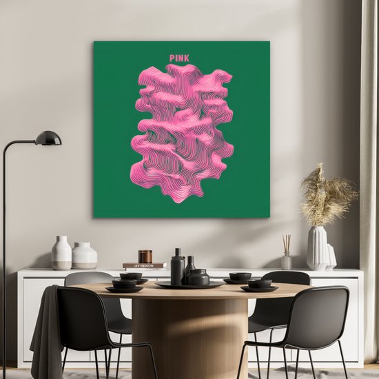 Aluminium schilderij 90x90 cm - Wanddecoratie metaal - Abstract - Pink - Lijnen - Groen - Metalen muurdecoratie woonkamer - Decoratie industrieel - Foto op dibond - Industriële accessoires slaapkamer