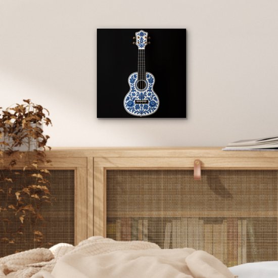 Aluminium schilderij 20x20 cm - Wanddecoratie metaal - Ukelele - Delfts - Blauw - Muziek - Metalen muurdecoratie woonkamer - Decoratie industrieel - Foto op dibond - Industriële accessoires slaapkamer