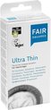 Doos met 10 Fair Squared Ultra Thin condooms. Wit met blauwe en zwarte tekst. Vegan en Fair Trade.
