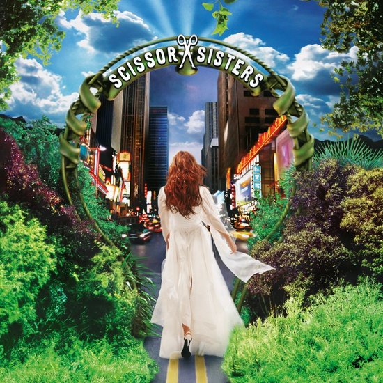 Een vrouw met lang, rood haar in een witte jurk loopt weg van de kijker, een stadsgezicht van New York in. De titel Scissor Sisters staat in een boog erboven.