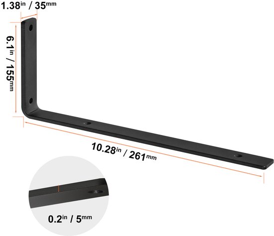 Matzwarte L-vormige plankdrager met afmetingen: 10,28 inch / 261 mm lang, 6,1 inch / 155 mm hoog, 1,38 inch / 35 mm breed, 0,2 inch / 5 mm dik.