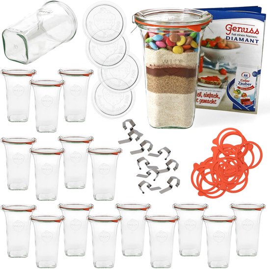 Set van 18 Weck Quentin 795 ml + 18 glazen deksels + 18 inmaakringen + 24 klemmen met receptenboekje