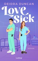 Een man en vrouw in medische scrubs staan bij een ziekenhuisbed. De titel "Love Sick" staat prominent in witte letters.