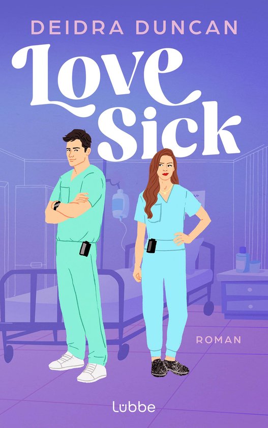 Een man en vrouw in medische scrubs staan bij een ziekenhuisbed. De titel "Love Sick" staat prominent in witte letters.