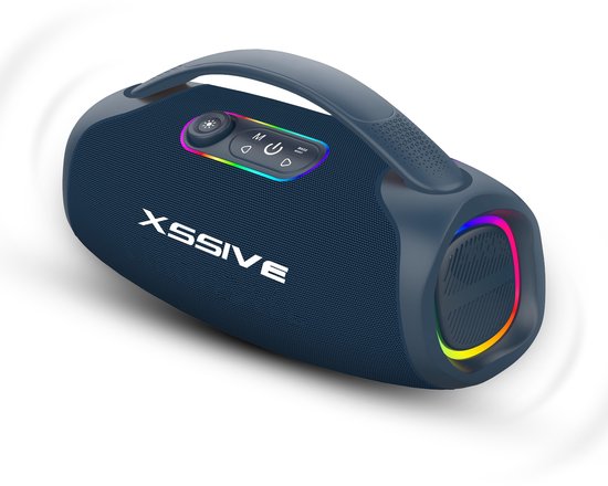 Bluetooth speaker Xssive BSP18 60W draagbaar met Bass Boost, IPX5 waterdicht, bluetooth 5.3, 5+ uur batterij, draaghendel blauw