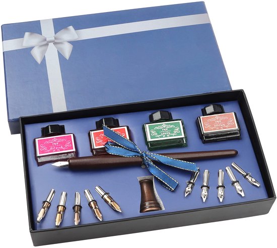 Belle Vous Set de Stylos calligraphie en bois avec support, bouteilles d'encre et plumes (16 pièces) - Stylo plume d'écriture à immersion d'encre - Idéal pour les débutants et les Adultes