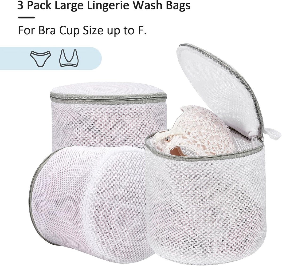 3 stuks - bh-waszakje - mesh waszakken - wasmachine zakken - voor delicate was - fijnmazige lingerie waszakken - ondergoed waszak met ritsen - voor intiem ondergoed - Cilindrische Ritsen Wasmachinetas - grijs - 15*17 cm — afbeelding 3