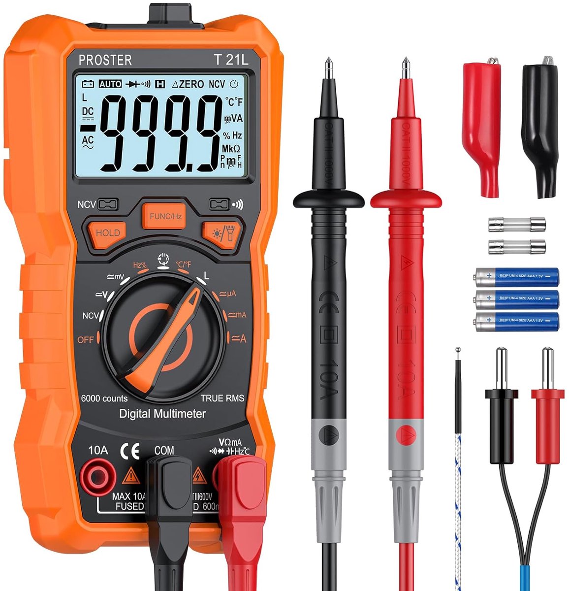 Digitale multimeter met inductietest, 6000 tellingen, TRMS, autobereik, NCV-detector, DC AC spanning en stroommeting