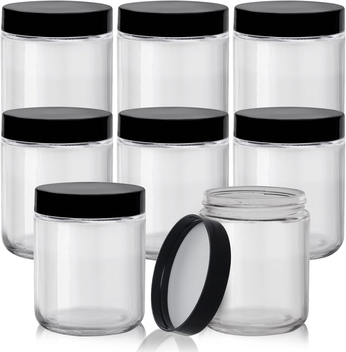 ZEONHEI 24 stuks 250 ml 8 oz ronde potjes van kunststof met zwart deksel, Lege Doorzichtige Plastic Slijm Opslag, Wijde Mond Monster Containers van levensmiddelen, slijm, handwerk, specerijen