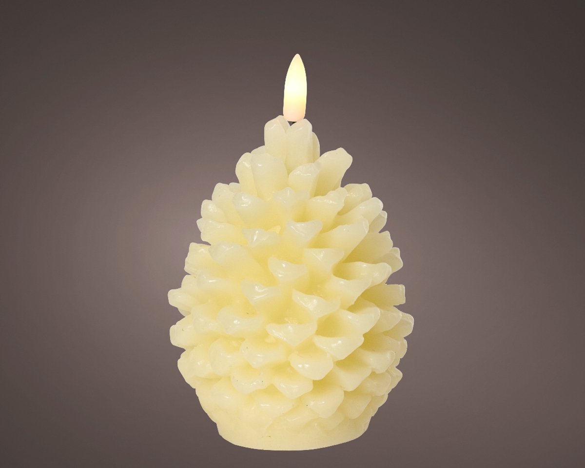 Lumineo LED kaars dennenappel crème met vlam-effect - ø8,5x13 cm Beige