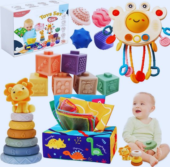 Foto: Multifunctioneel montessori speelgoed voor baby s vanaf 1 jaar 5 in 1 set met krab speelgoed tissuebox stapelspeelgoed knijpballen bijtring perfect cadeau voor jongens en meisjes